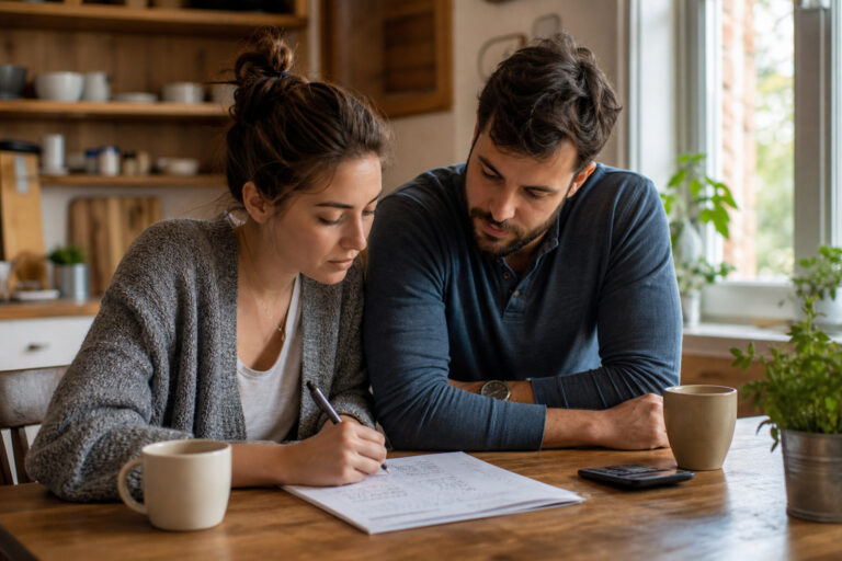 Engaged couple reviewing a wedding budget worksheet at a kitchen table with a cup of coffee