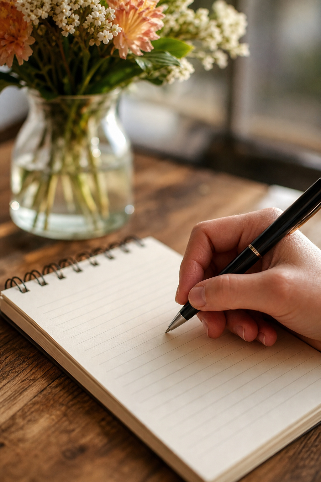 Close-up of a hand writing a wedding flower budget on a notepad with a pen