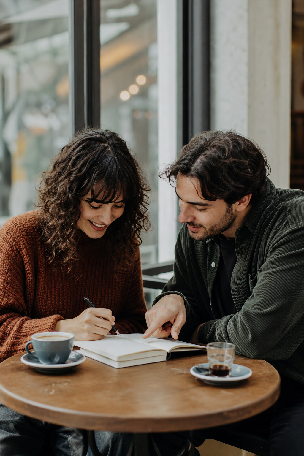 Couple writing notes in a wedding planning notebook at a cafe table