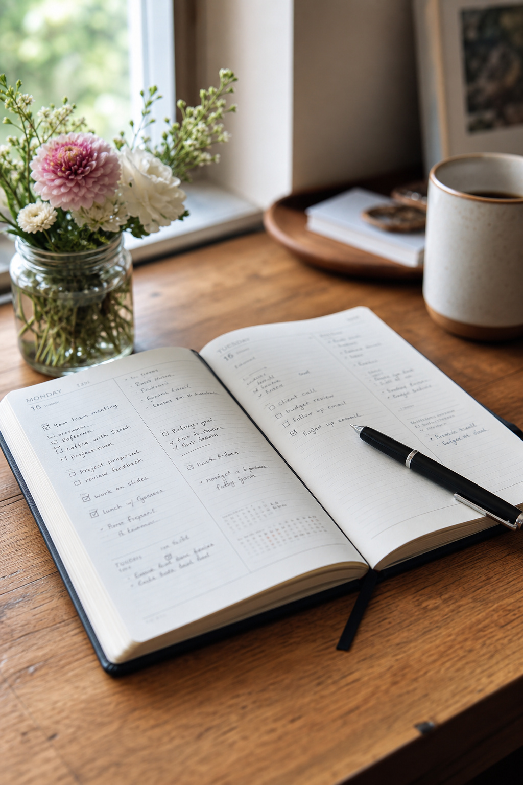 Open planner with handwritten notes and a pen beside a small flower arrangement on a wooden desk