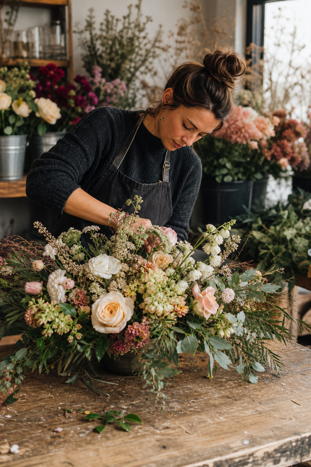 Florist arranging a large wedding centerpiece on a wooden workbench with buckets of flowers in the background