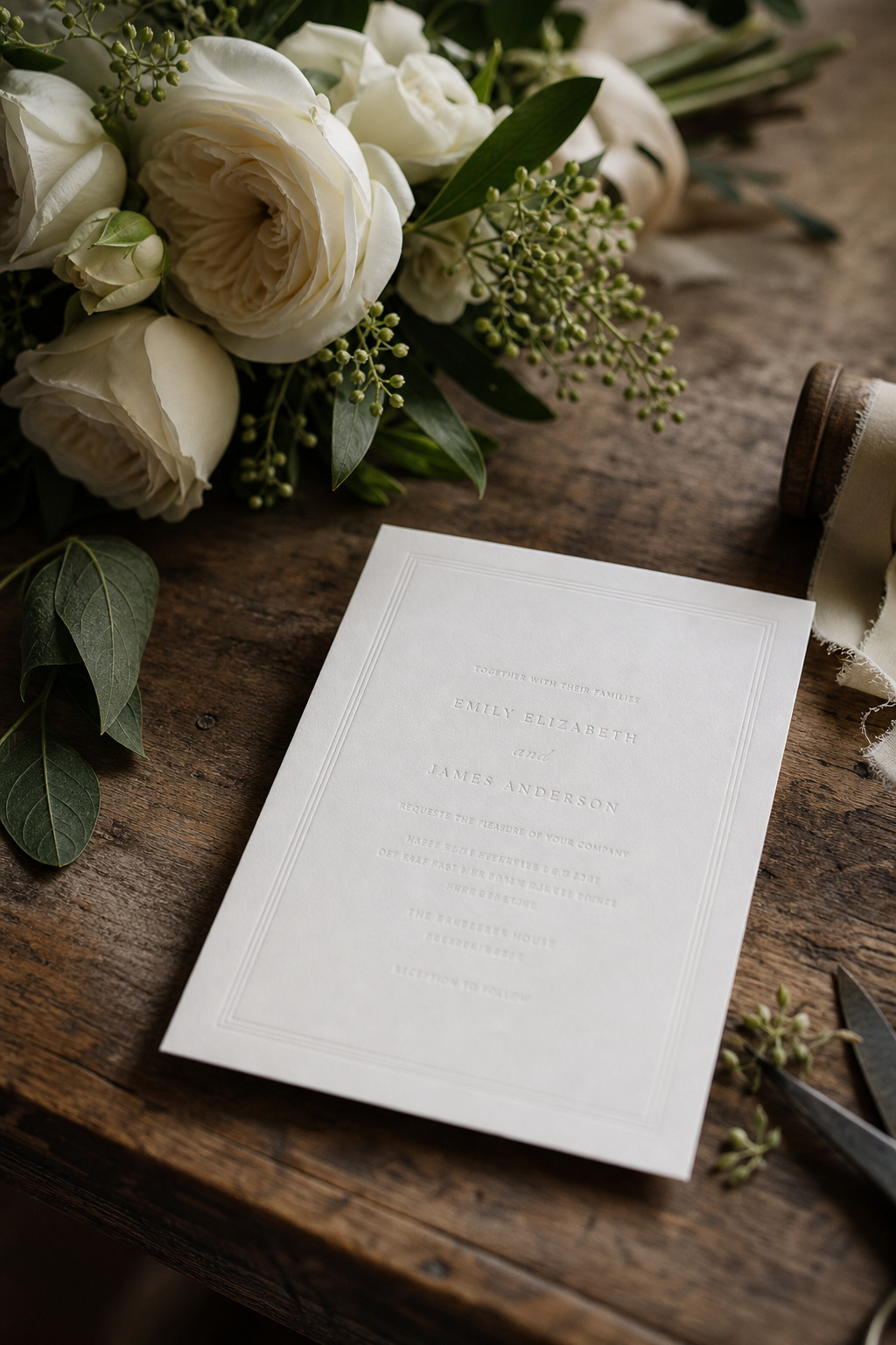 Vintage wedding invitation and floral centerpiece on a wooden table suggesting traditional wedding customs