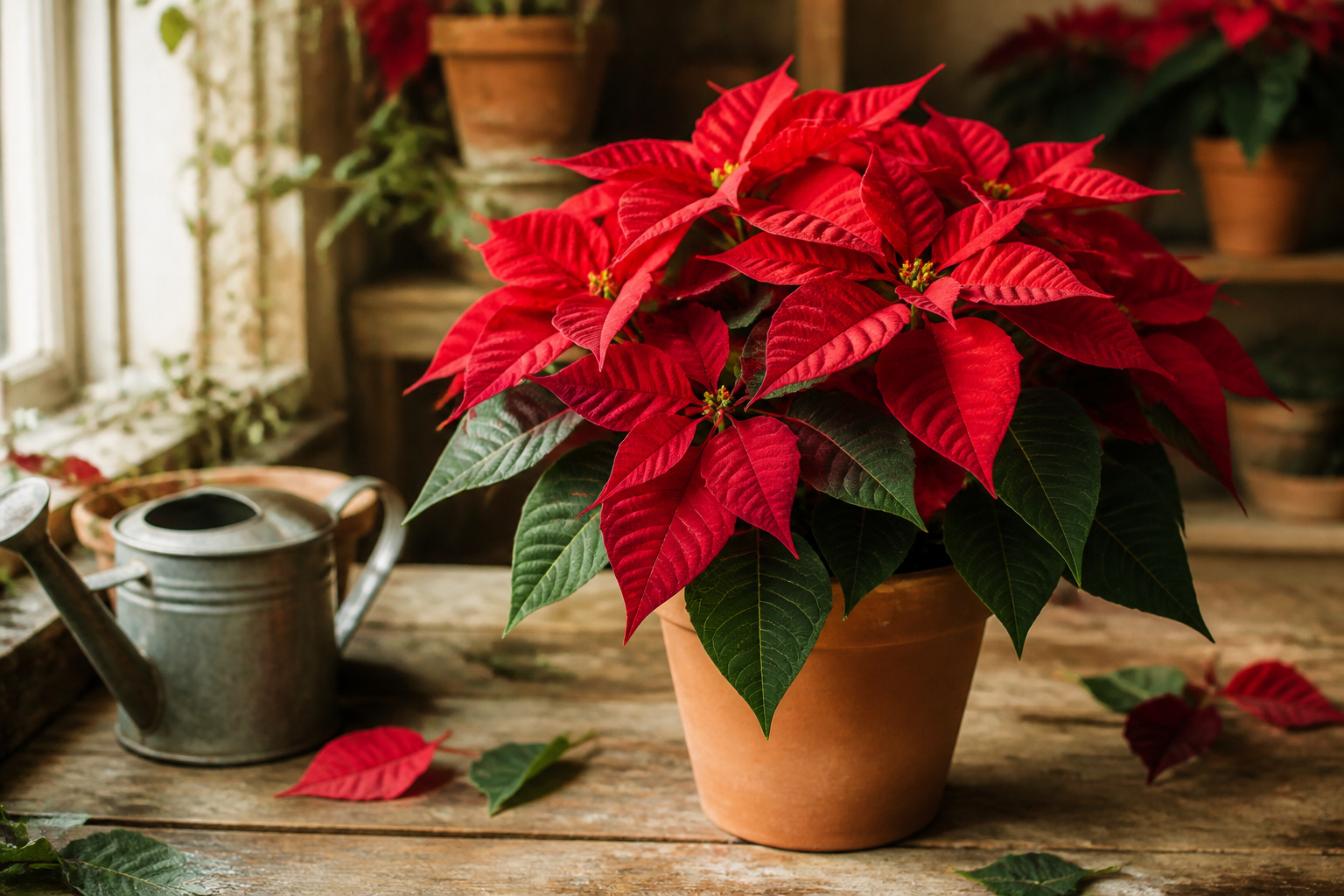 Red poinsettia plant on a wooden florist worktable with soft winter light