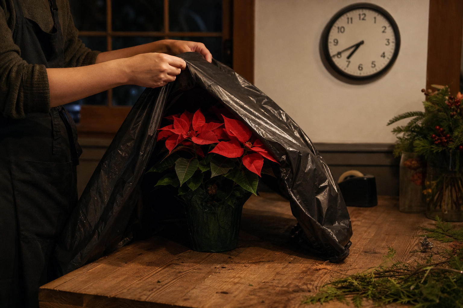 Poinsettia covered with a black plastic bag for dark period treatment