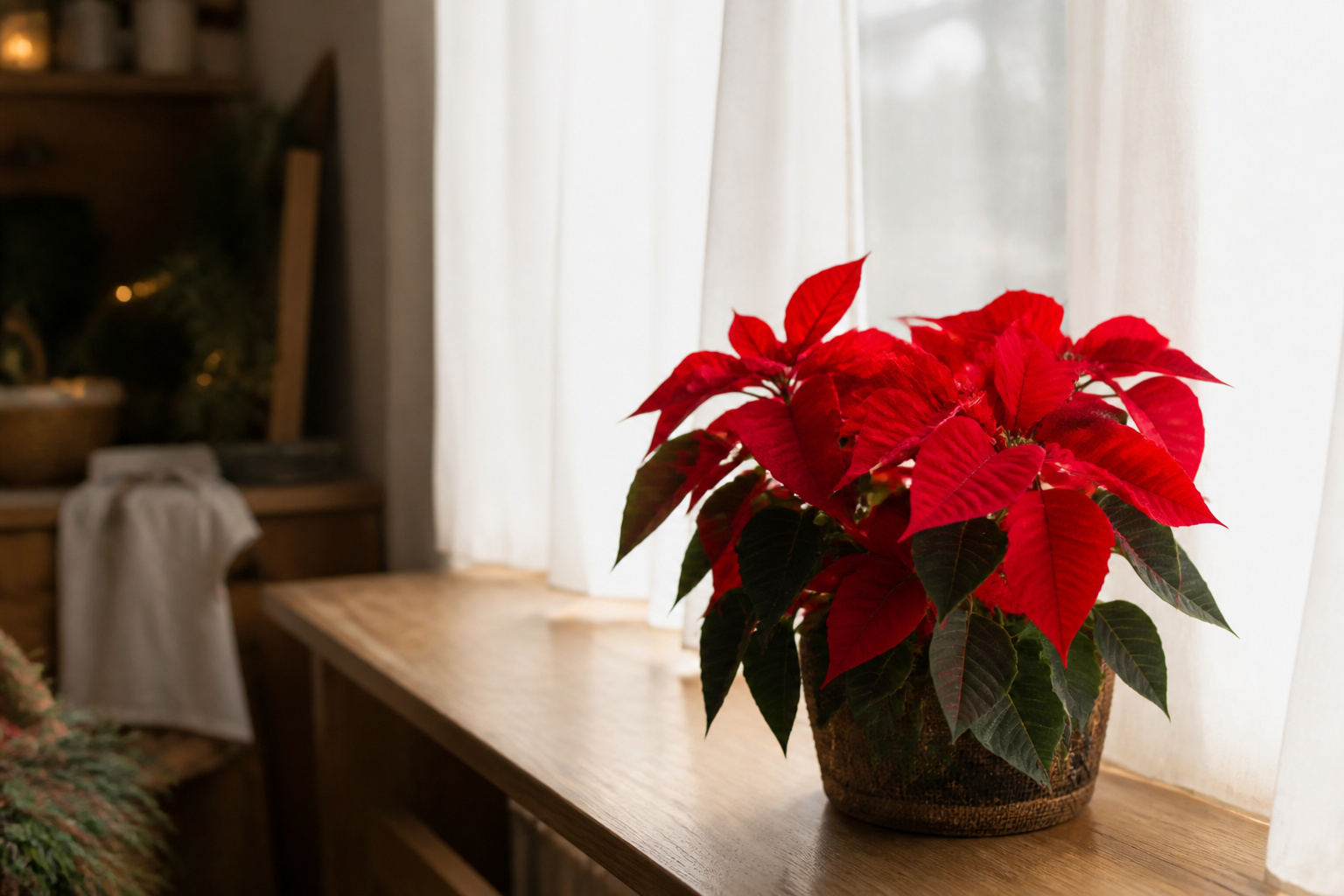 Poinsettia on a windowsill in bright indirect winter light