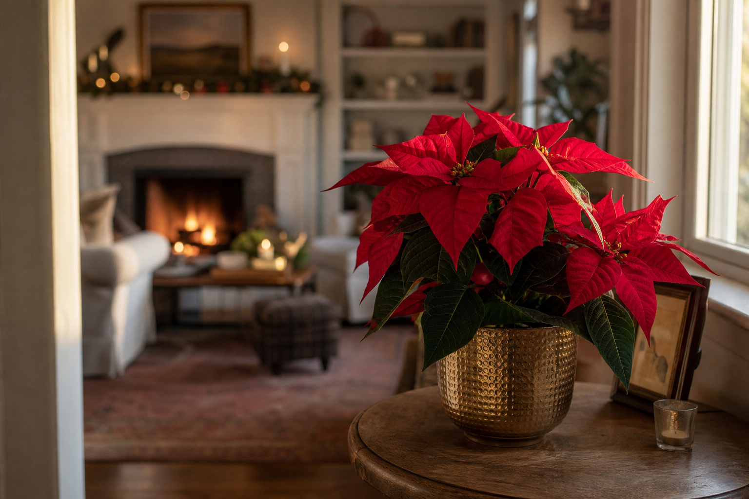 Poinsettia displayed away from a cold drafty window in a warm living room