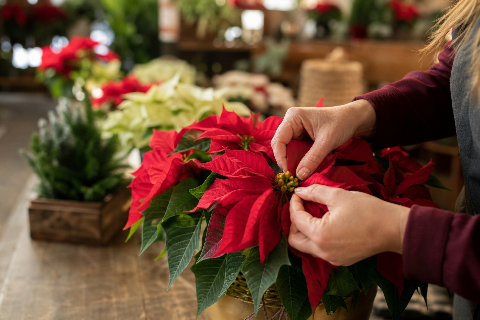 Close-up of poinsettia bracts and yellow center buds at a garden center display