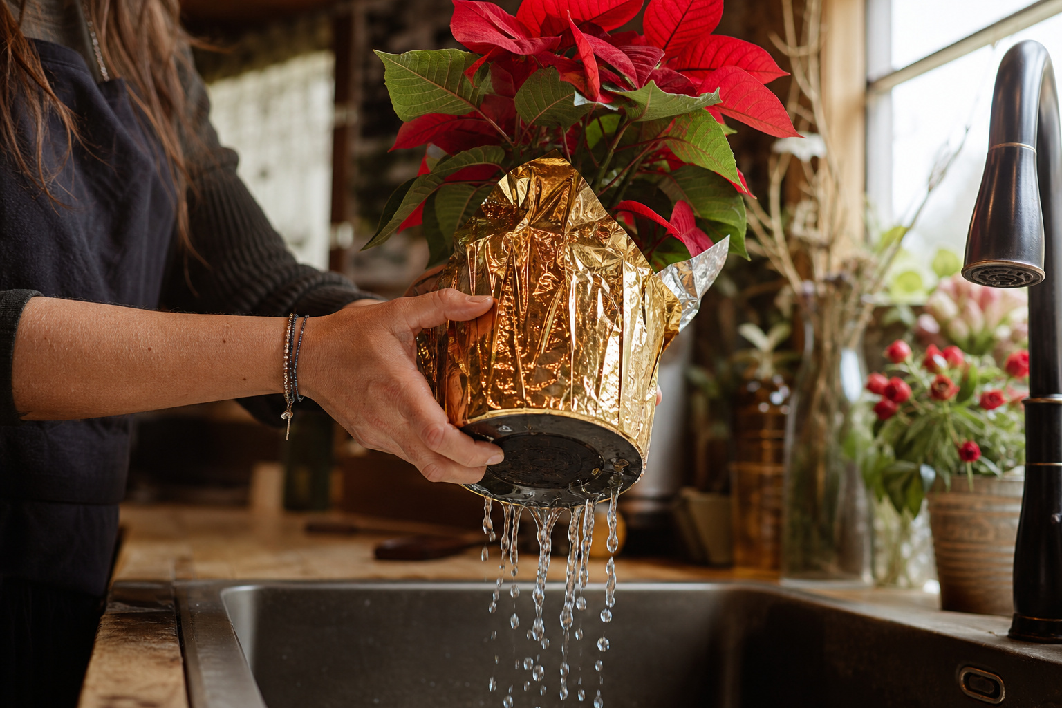 Removing a poinsettia from decorative foil wrap before watering at a kitchen sink