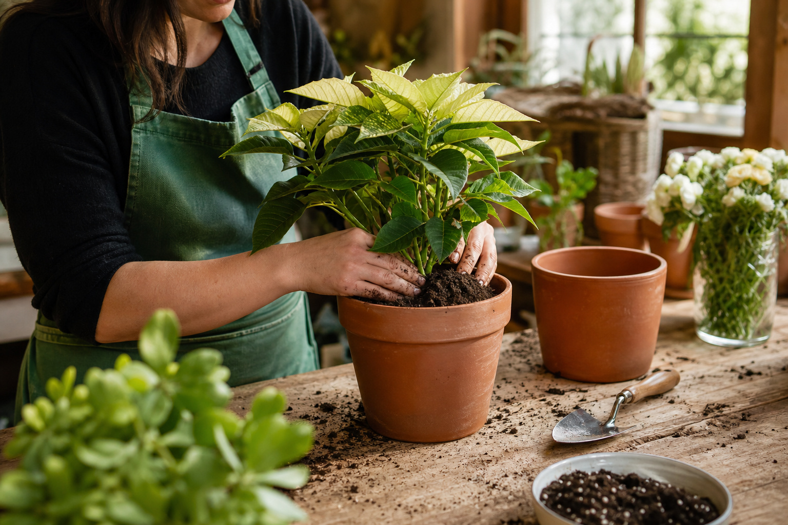 Poinsettia being repotted into a larger container on a wooden potting bench