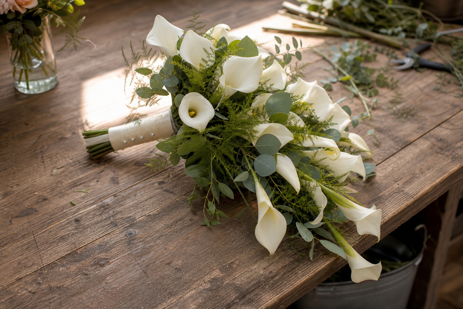 Cascading calla lily bridal bouquet on a florist worktable