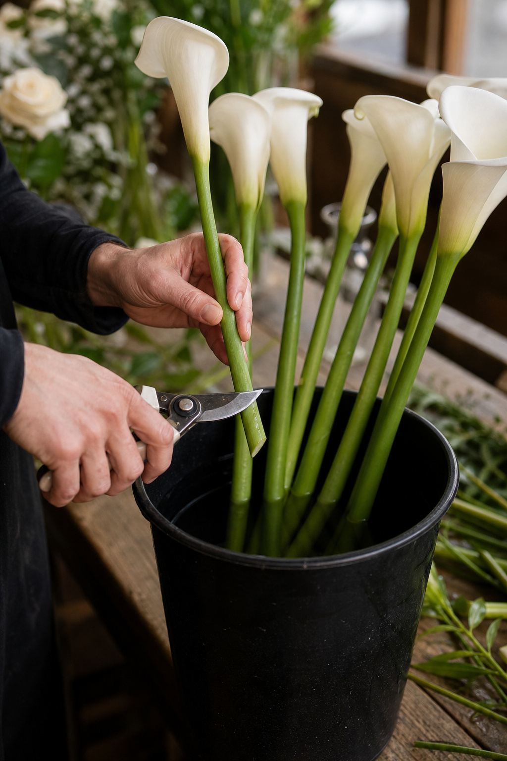 Calla lily stems cut at an angle and placed in a bucket of water on a florist worktable