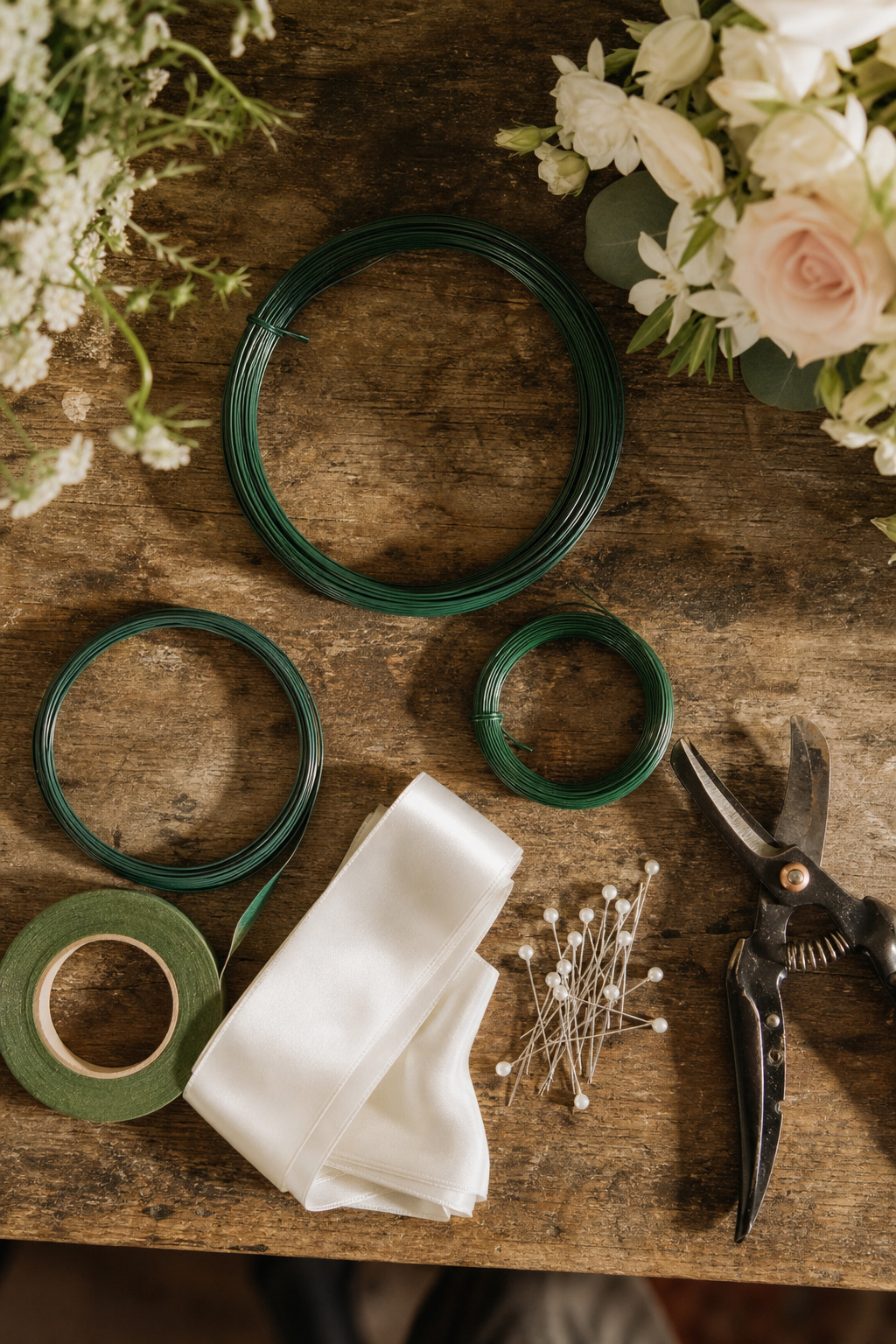 Floral wire, floral tape, ribbon, pearl pins and scissors laid out on a wooden worktable