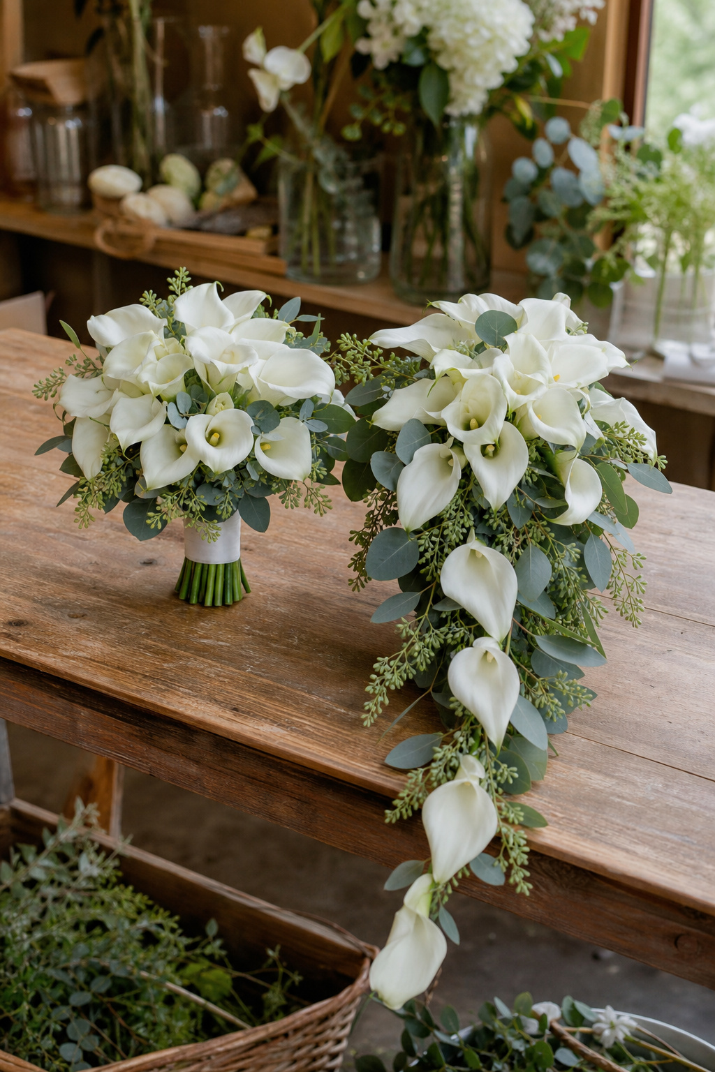 Teardrop-shaped cascading bridal bouquet showing structural difference from round bouquet