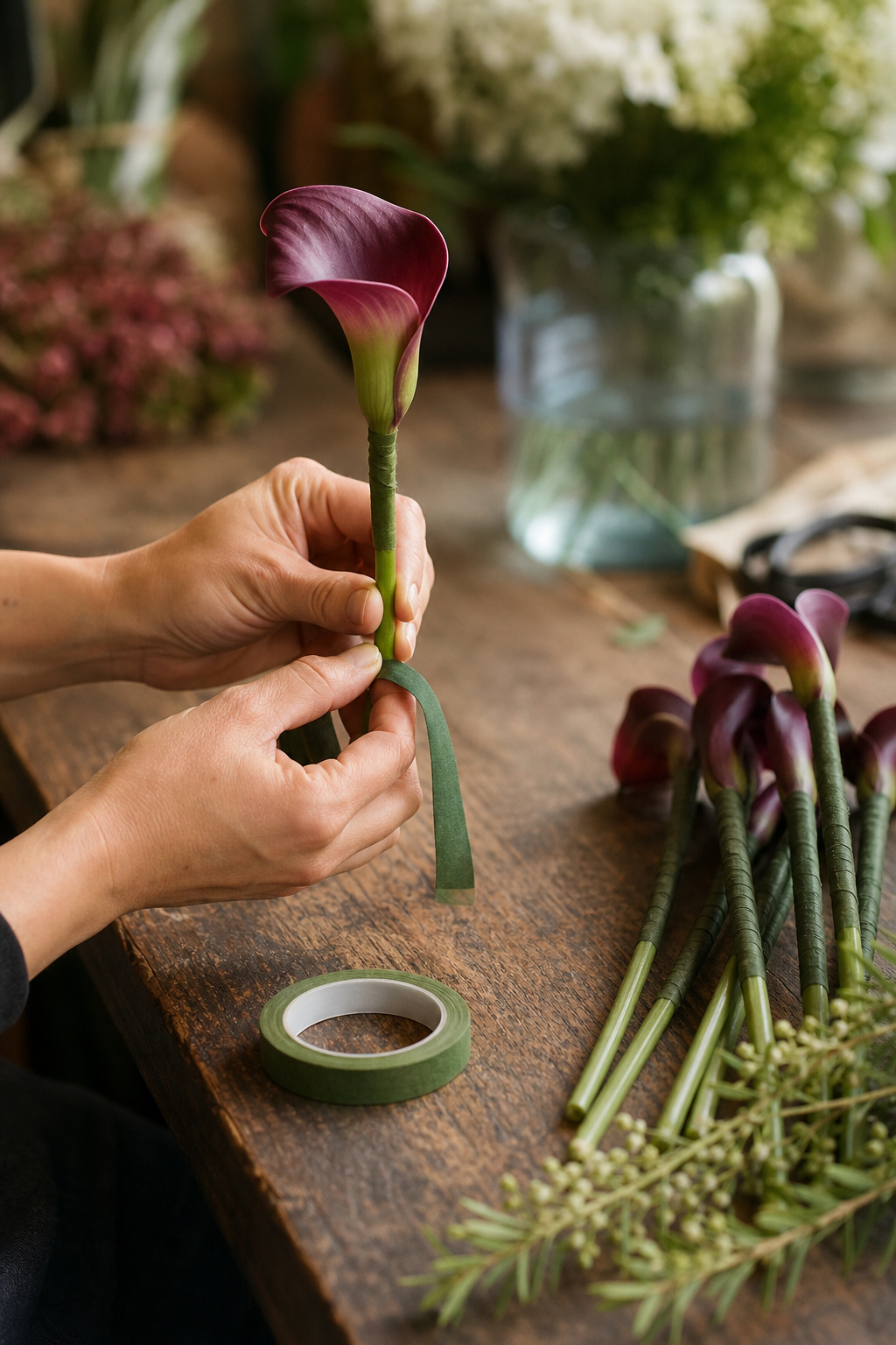 Florist hands inserting floral wire into a mini calla lily stem and wrapping with floral tape