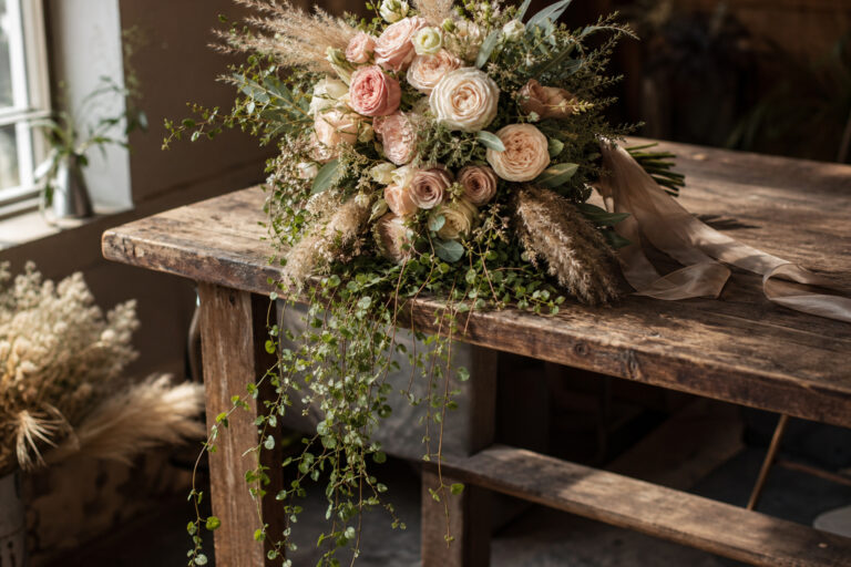 Boho cascade wedding bouquet with trailing Muehlenbeckia vine and garden roses on a florist's worktable