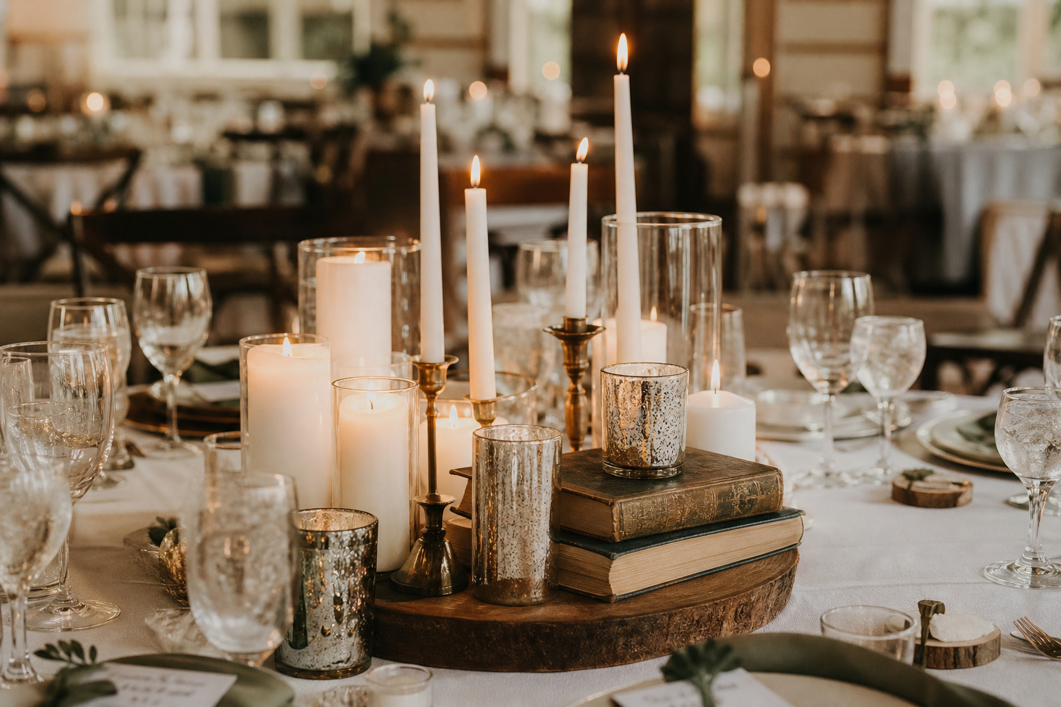 Non-floral wedding centerpiece with candles at varied heights and vintage books on a wood slab
