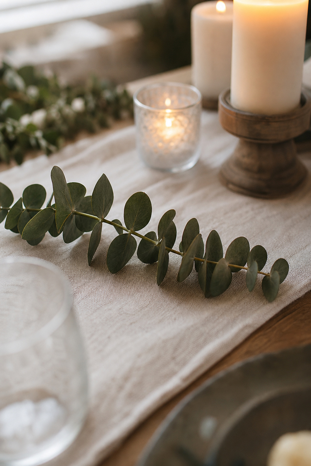A single trailing sprig of eucalyptus laid across a non-floral candle centerpiece
