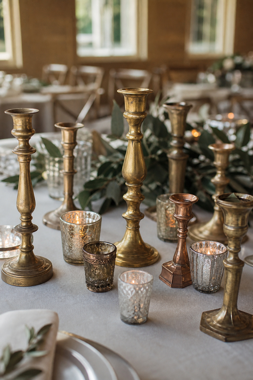 Mismatched thrifted candlesticks and glassware being arranged on a table