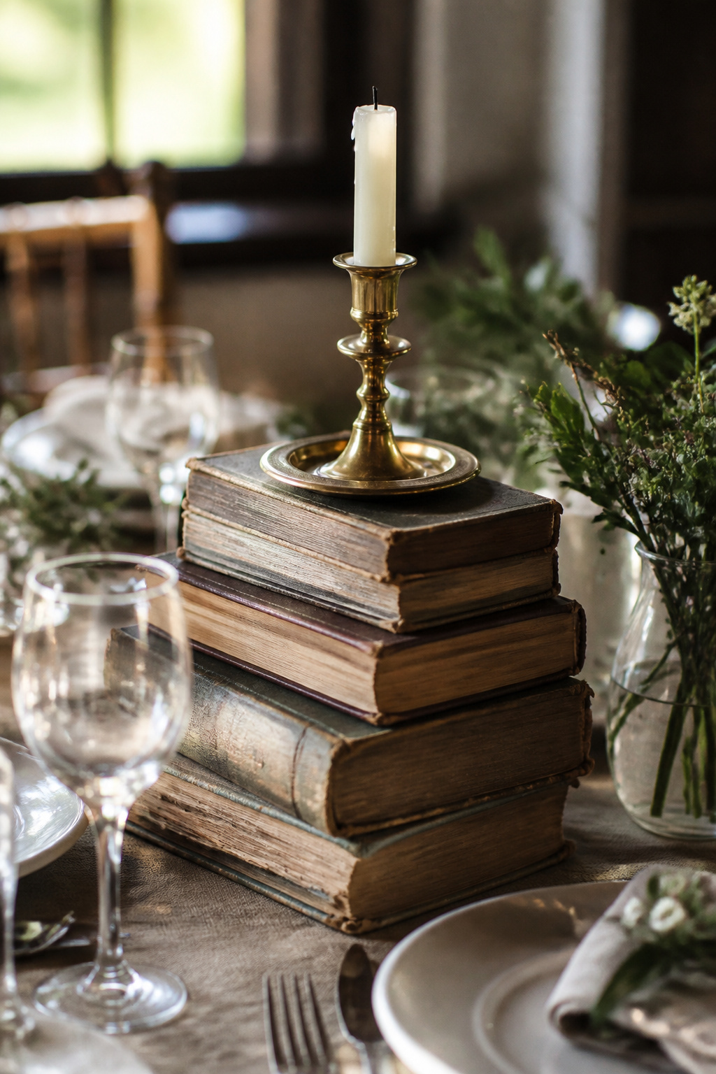 Stack of vintage books topped with a small object as a centerpiece base