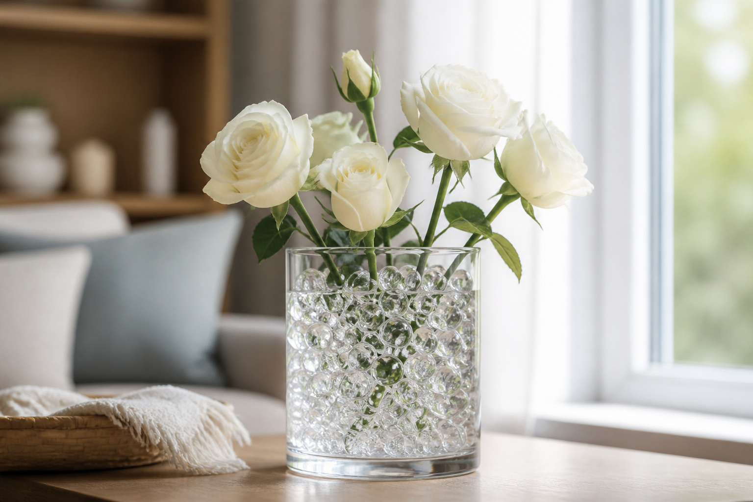 Clear glass vase filled with translucent water pearls and white roses