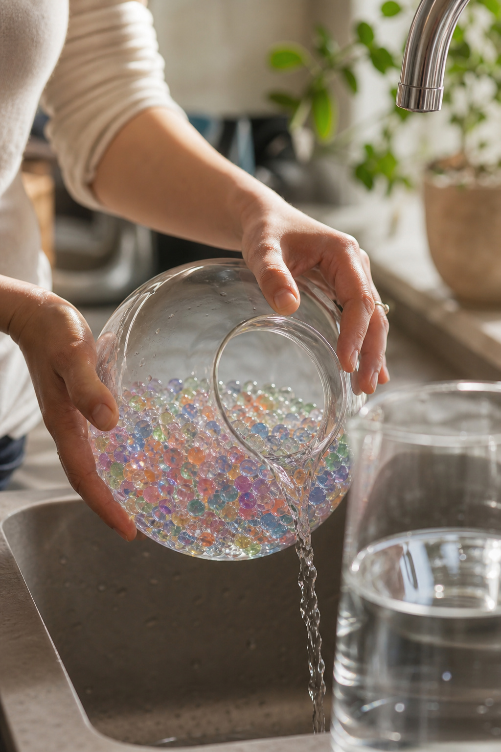 Hands draining cloudy water from a vase of water pearls into a sink