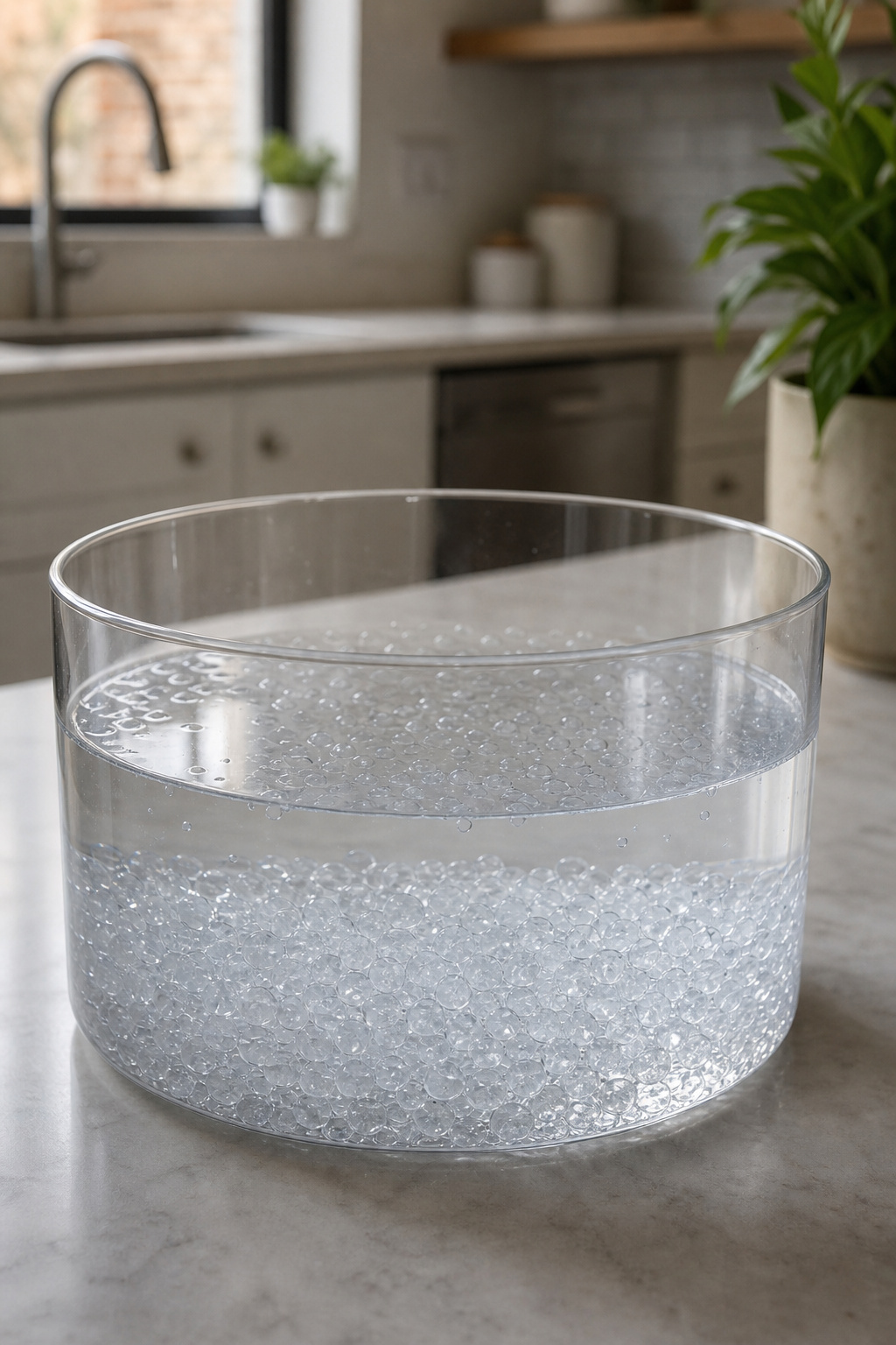 Large clear container of water pearls soaking in water on a kitchen counter