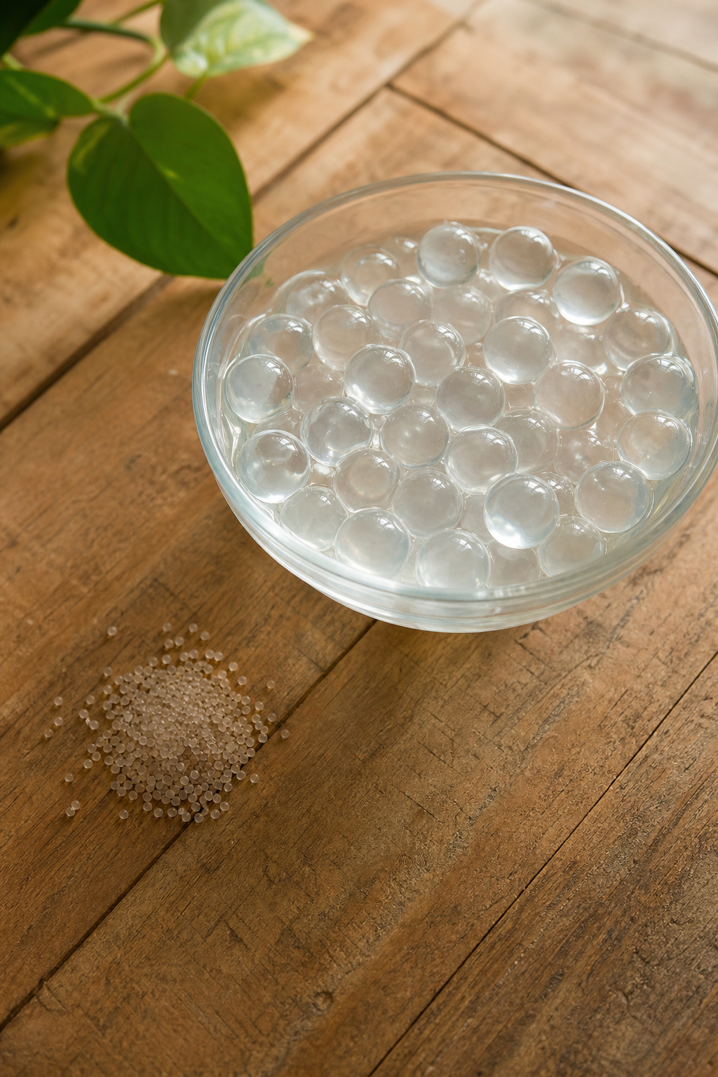 Dry water pearl pellets beside a bowl of fully hydrated translucent water pearls