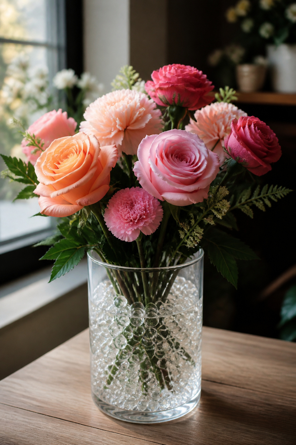 Sturdy rose and carnation stems arranged in a vase of water pearls