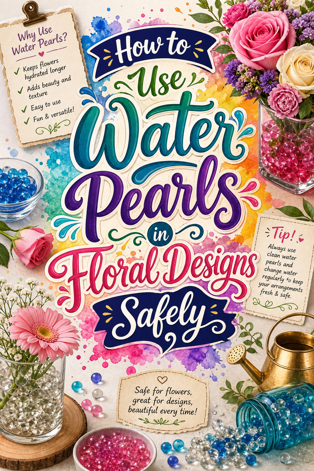 Pinterest graphic for how to use water pearls in floral designs safely