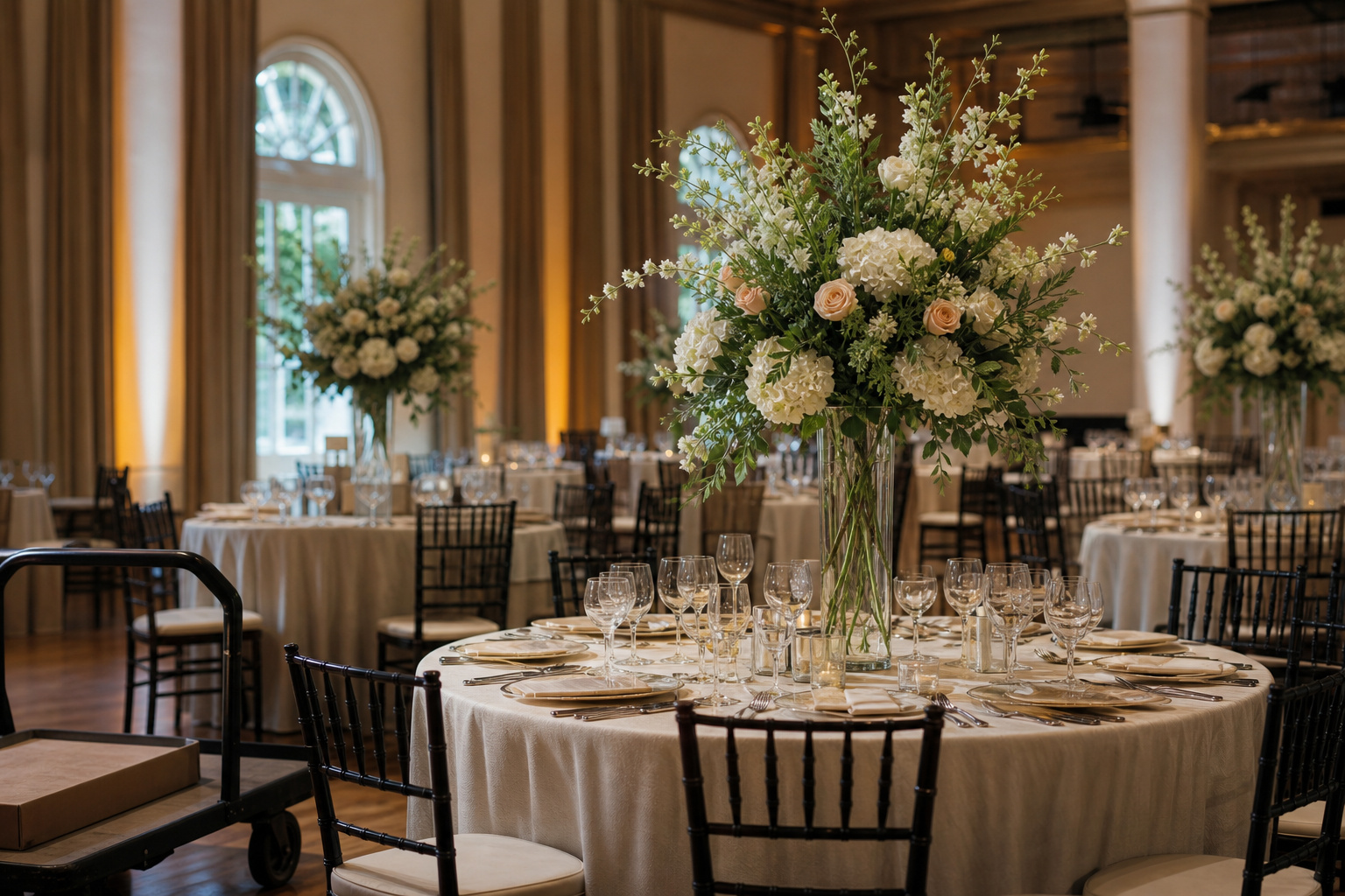 Large floral centerpiece placed on a set banquet table in an event ballroom