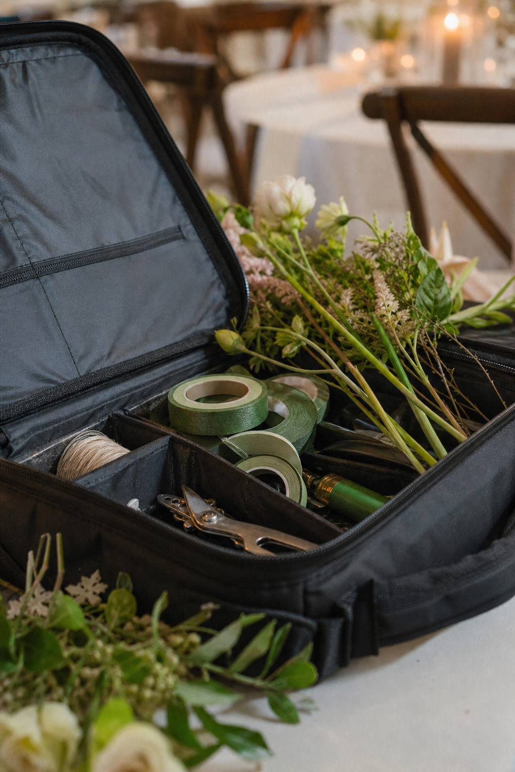Small delivery repair kit with floral tape and backup stems open on a table