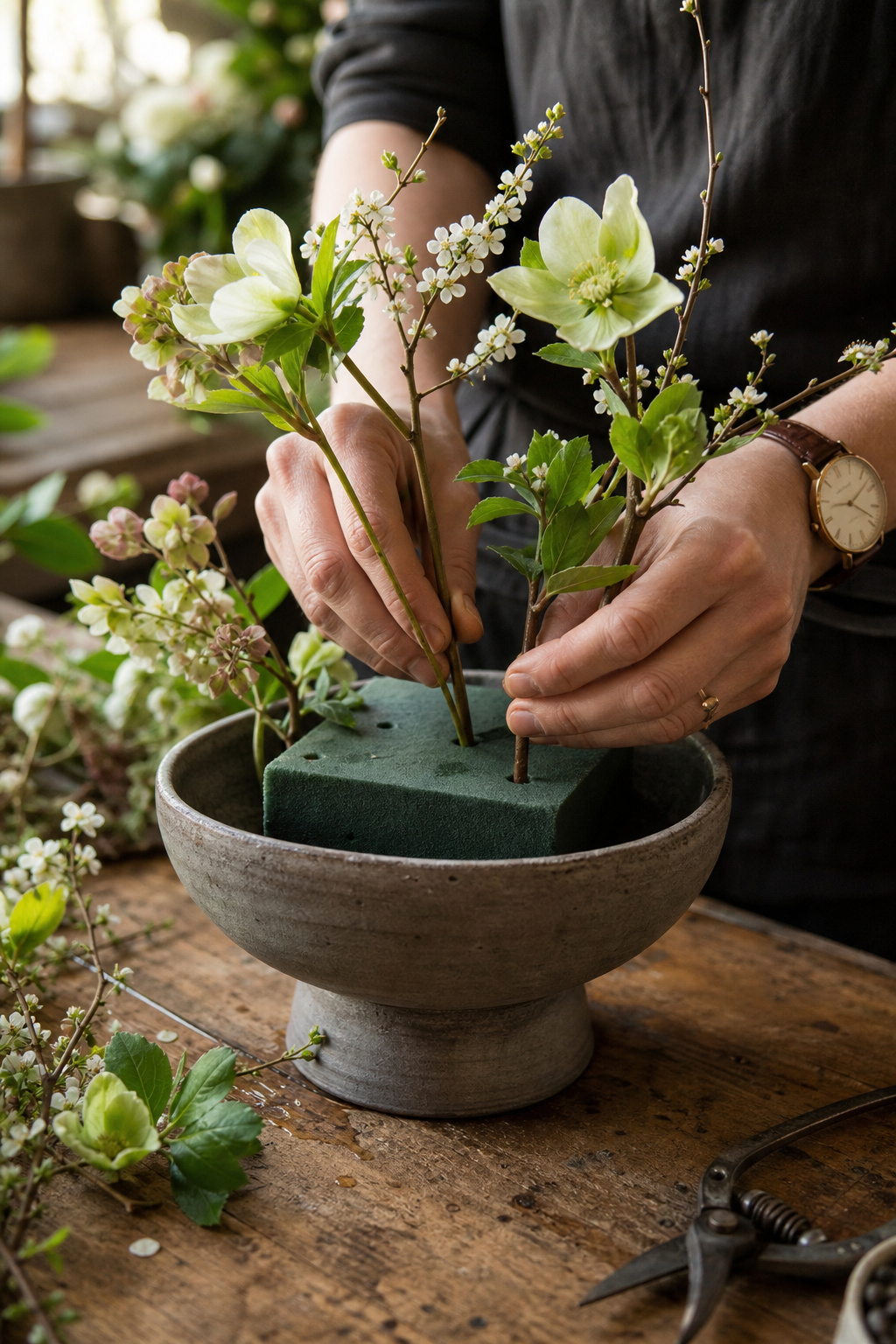 Florist hands inserting stems firmly into floral foam for a stable travel-ready design