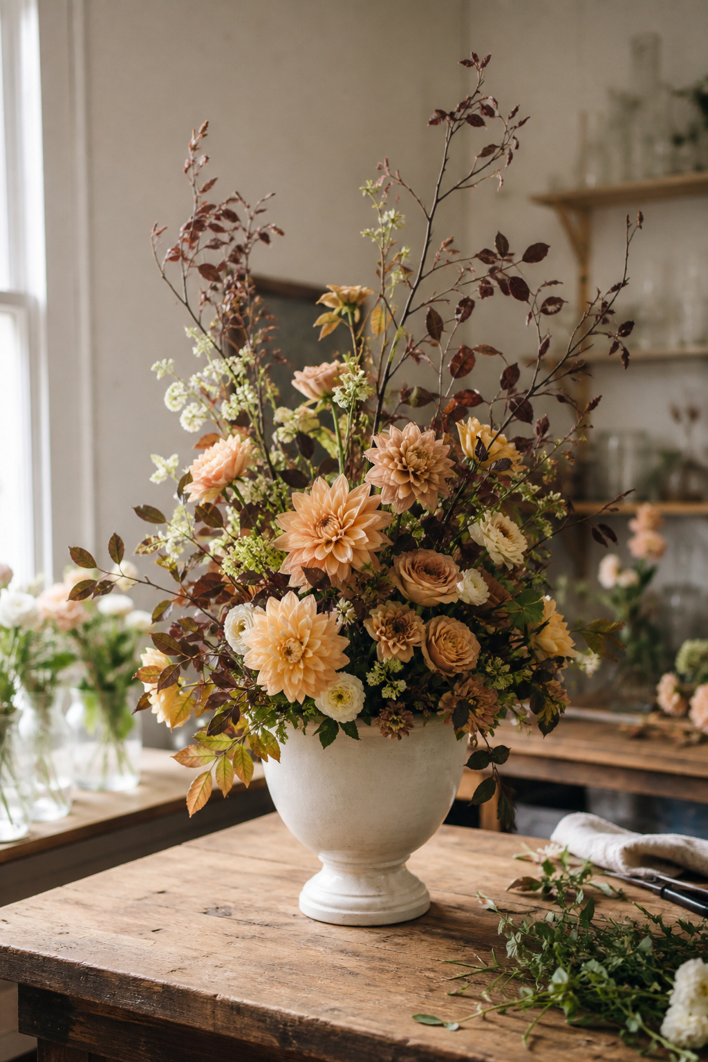 Tall top-heavy centerpiece with a wide weighted base on a worktable