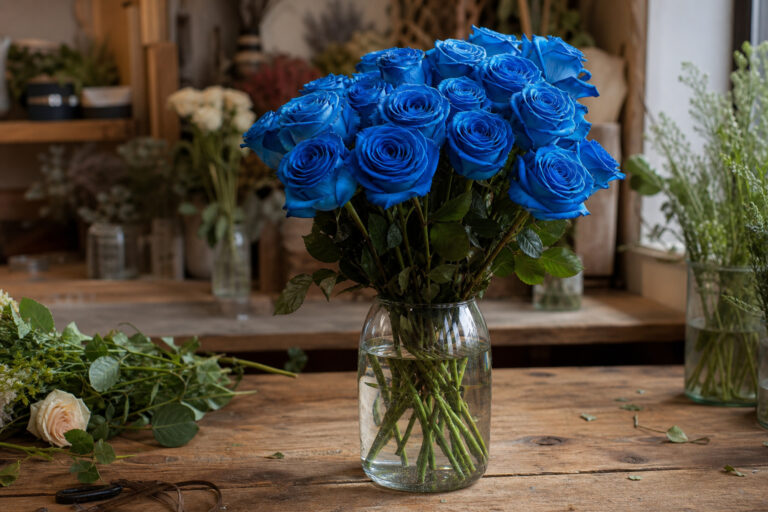 Bouquet of blue-dyed roses in a clear glass vase on a wooden table