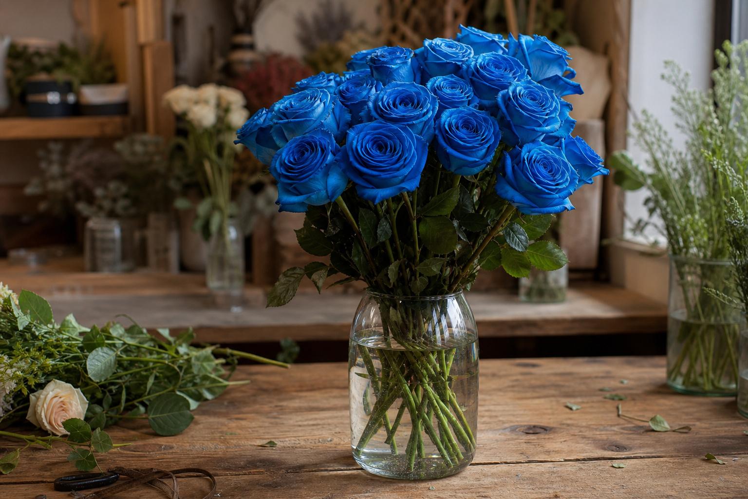 Bouquet of blue-dyed roses in a clear glass vase on a wooden table