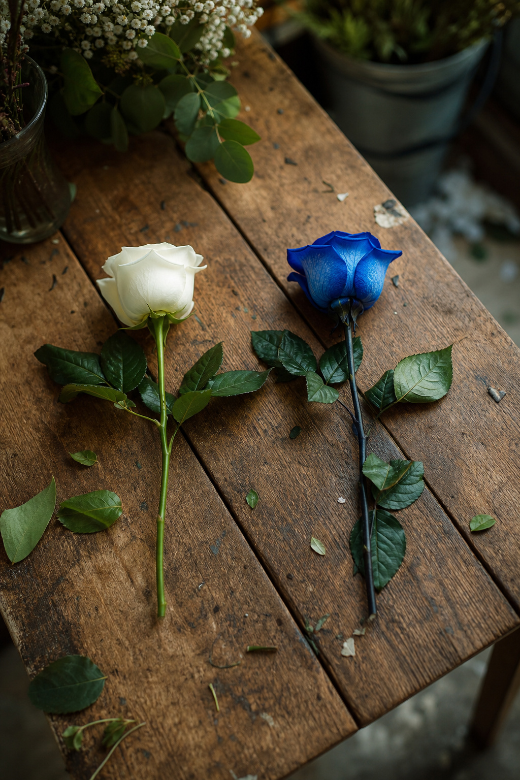 White rose beside a blue-dyed rose showing the starting point for the color