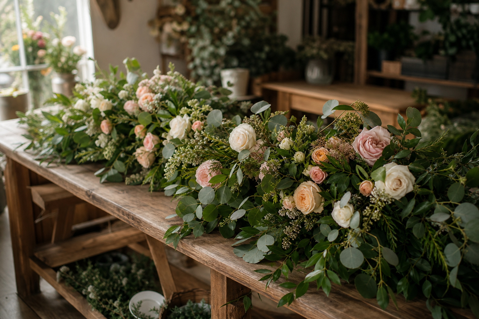 Long finished wedding garland with mixed greenery and garden roses on a wooden table