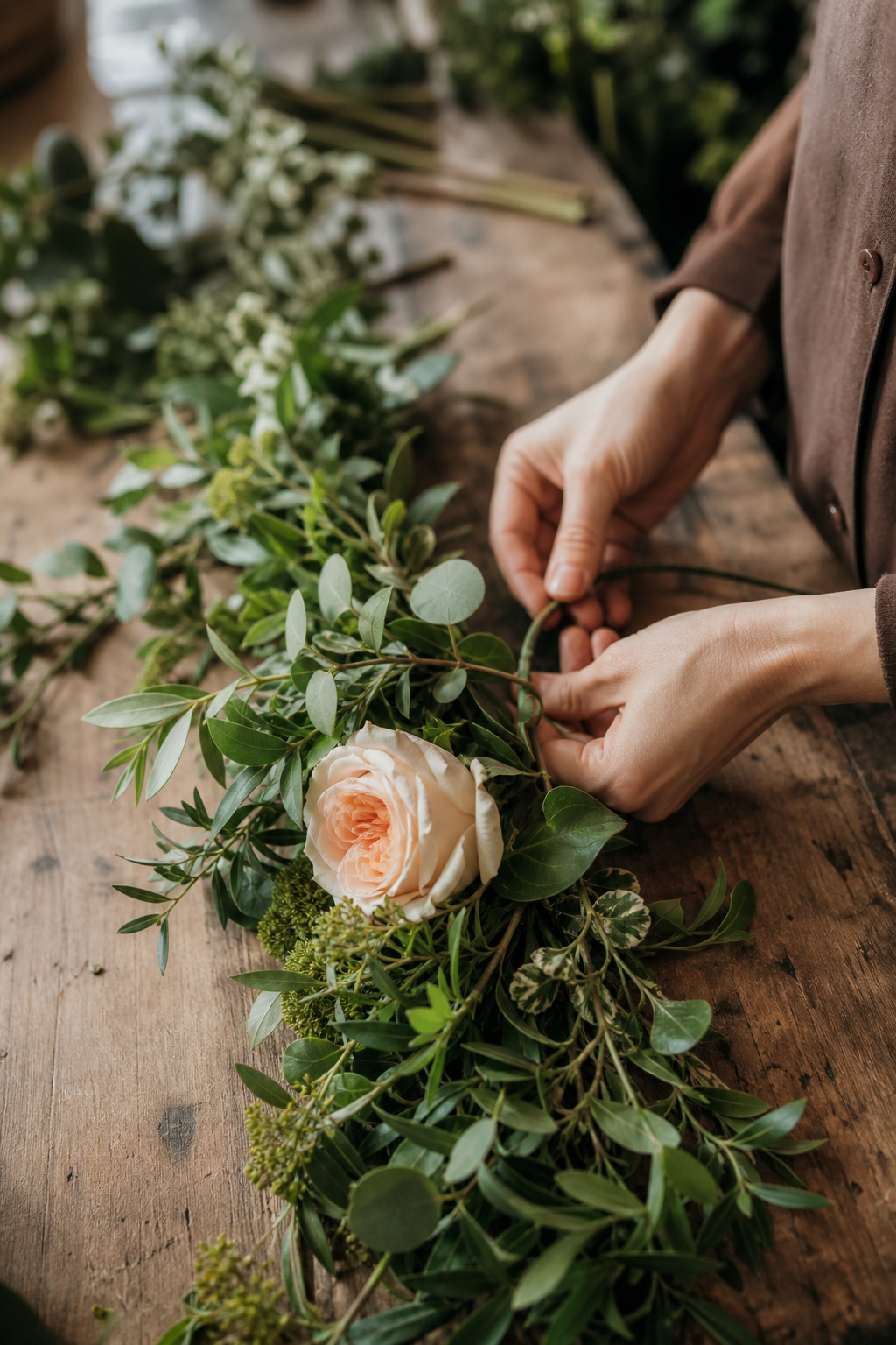 Garden rose being wired into a finished greenery garland base at an angle