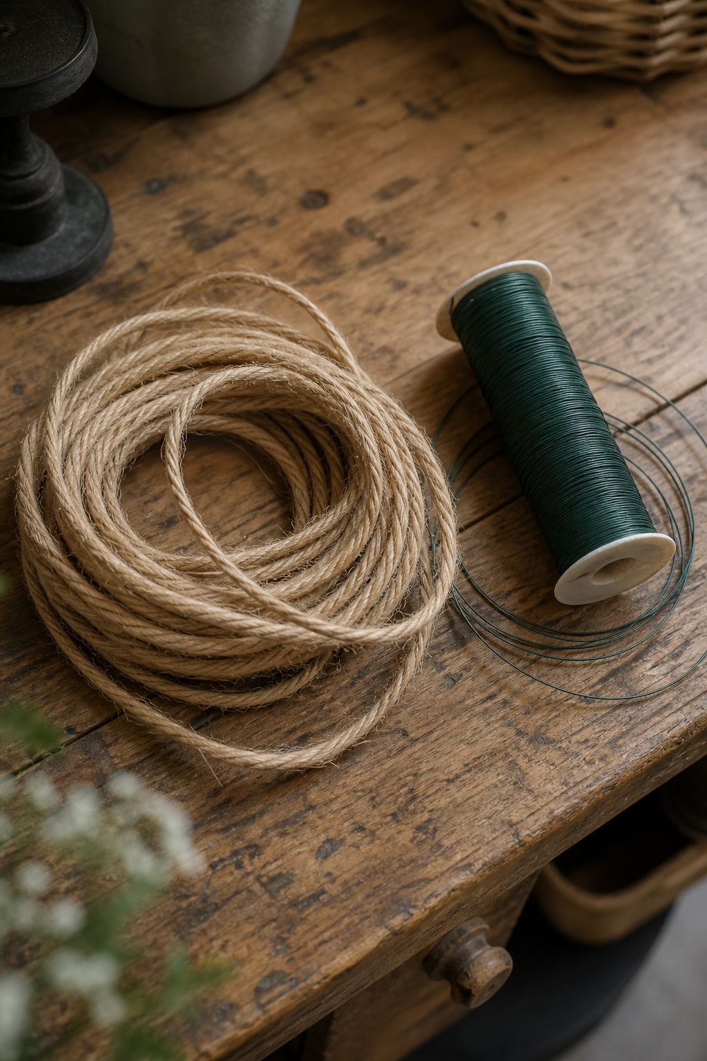 Coil of sisal rope and floral wire laid out as a garland base on a wooden table