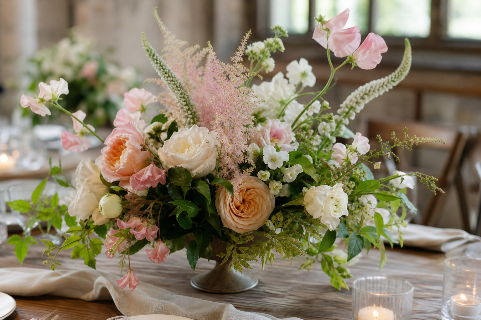 Loose garden-style wedding centerpiece with garden roses and astilbe in a low compote vase