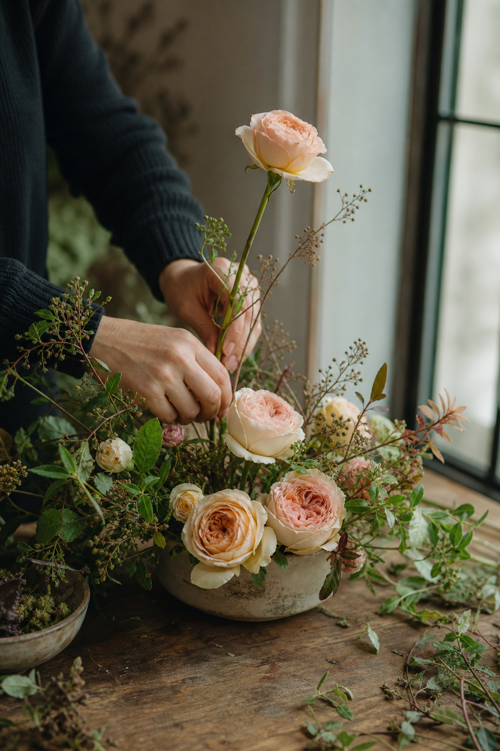 Florist hands placing garden rose stems at varied heights into a centerpiece in progress