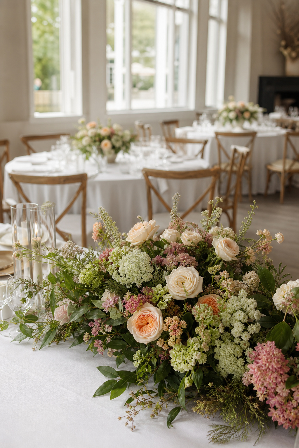 A large elaborate centerpiece on a head table beside smaller simpler centerpieces on guest tables