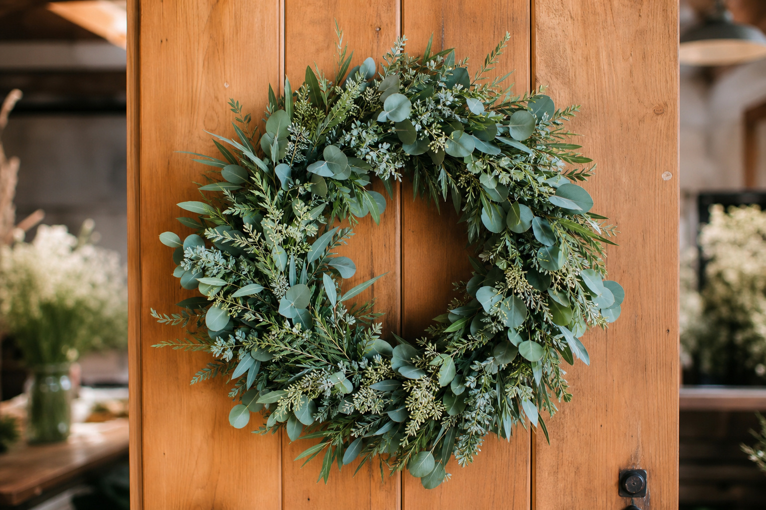Finished eucalyptus wreath with mixed silver-green foliage hanging on a wooden door
