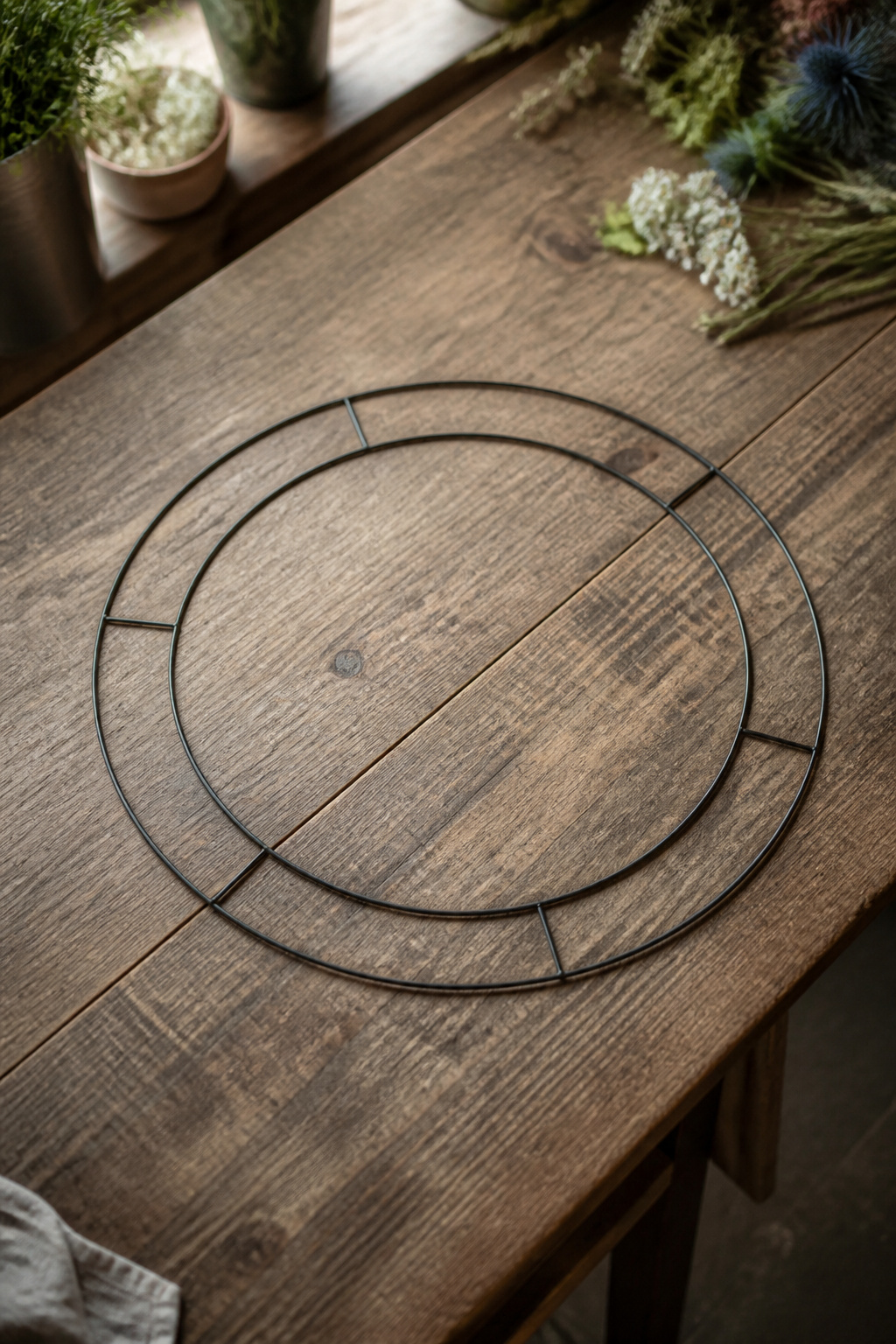 Empty 18-inch double-ring wire wreath frame on a wooden worktable
