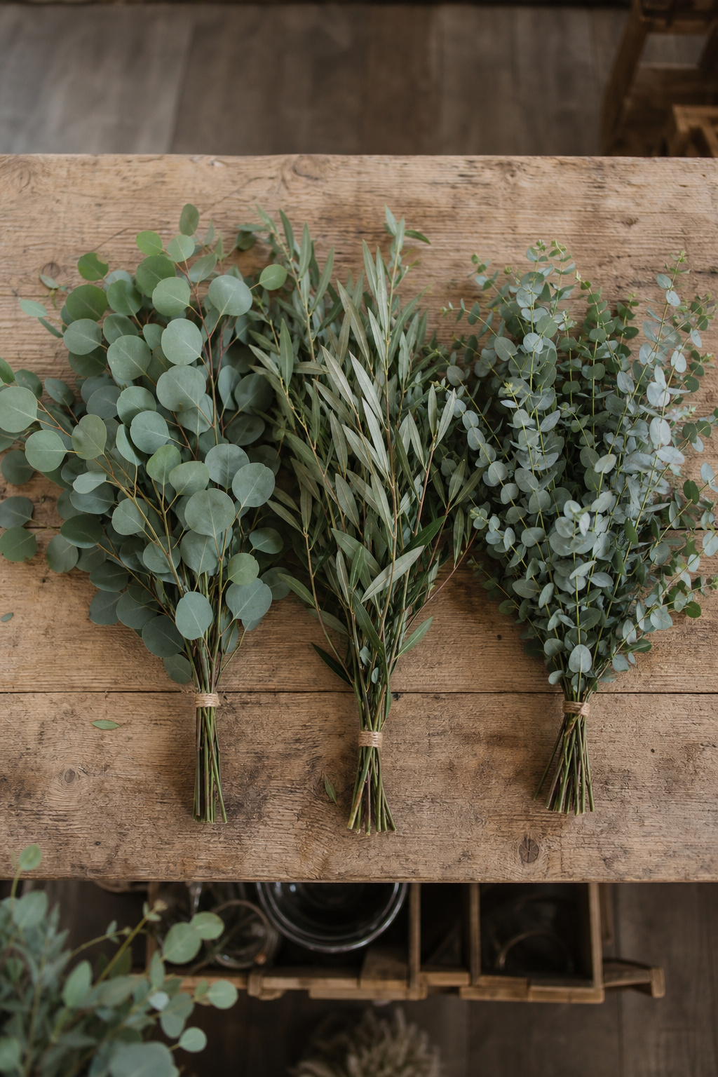 Three bunches of different eucalyptus varieties laid out on a wooden bench