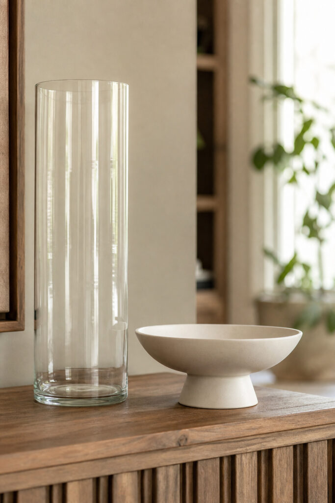 Tall glass cylinder vase and short ceramic compote shown side by side for orchid styling