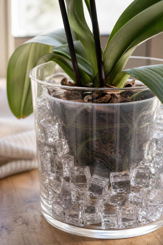 Clear acrylic water cubes filling the gap around an orchid liner inside a glass vessel