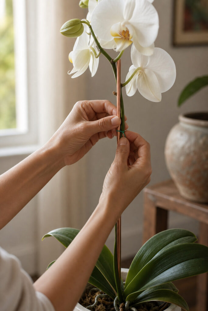 Hands securing an orchid stem to a copper stake with floral wire