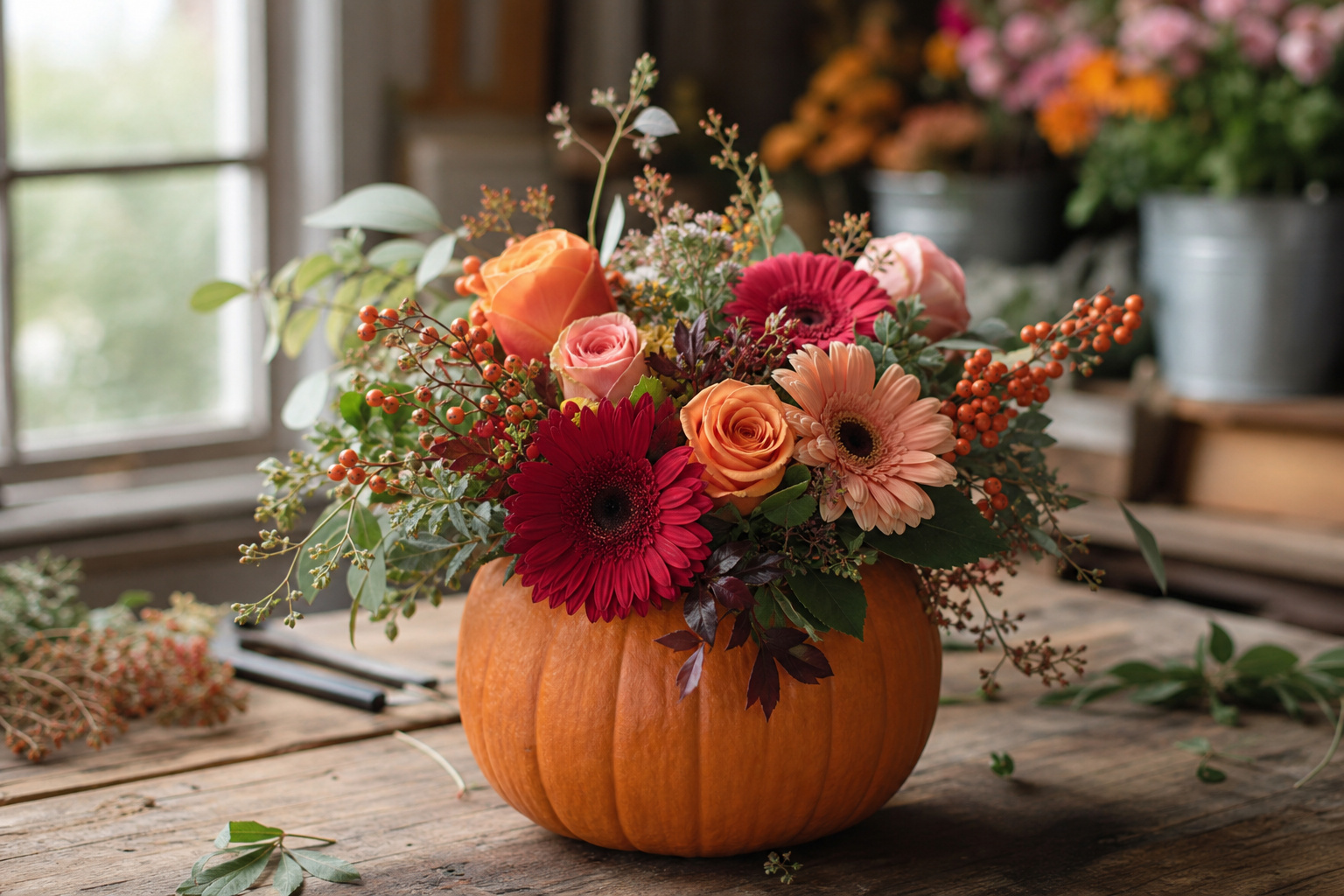 Finished pumpkin floral arrangement with gerbera daisies and roses on a wooden table