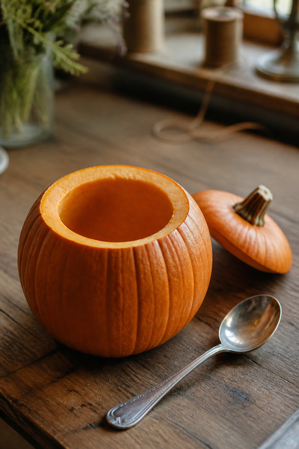 Hollowed pumpkin cavity showing an inch of wall thickness with a large spoon nearby